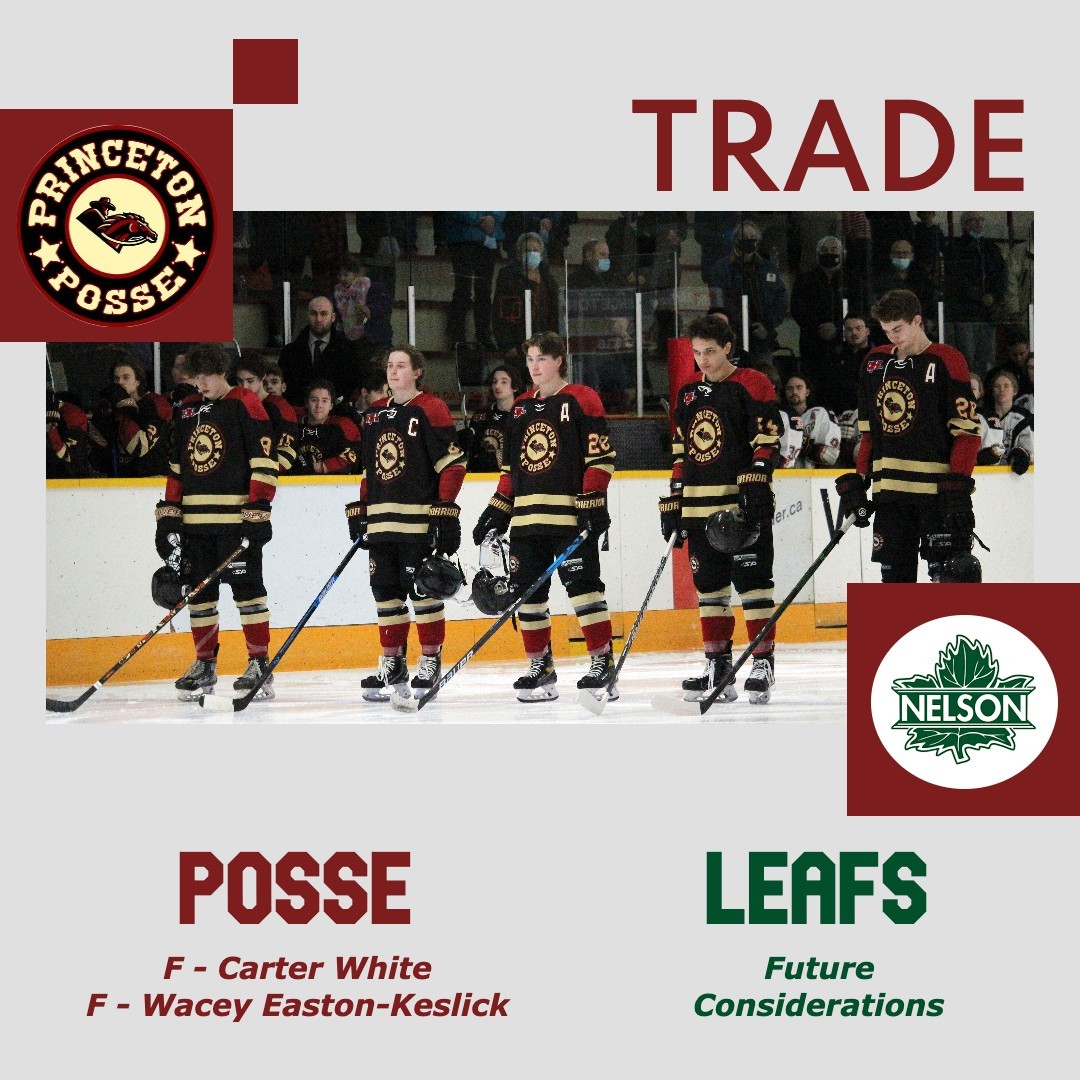 TRADE ANNOUNCEMENT

The Princeton Posse are proud to announce the acquisitions of 03 born forwards Carter White and Wacey Easton-Keslick from the Nelson Leafs in exchange for Future Considerations. Welcome aboard!
#LETSRIDE